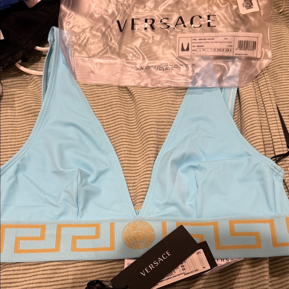 Versace Sky Blue Bralette with Gold Accents swimsuit bikini top and bottom